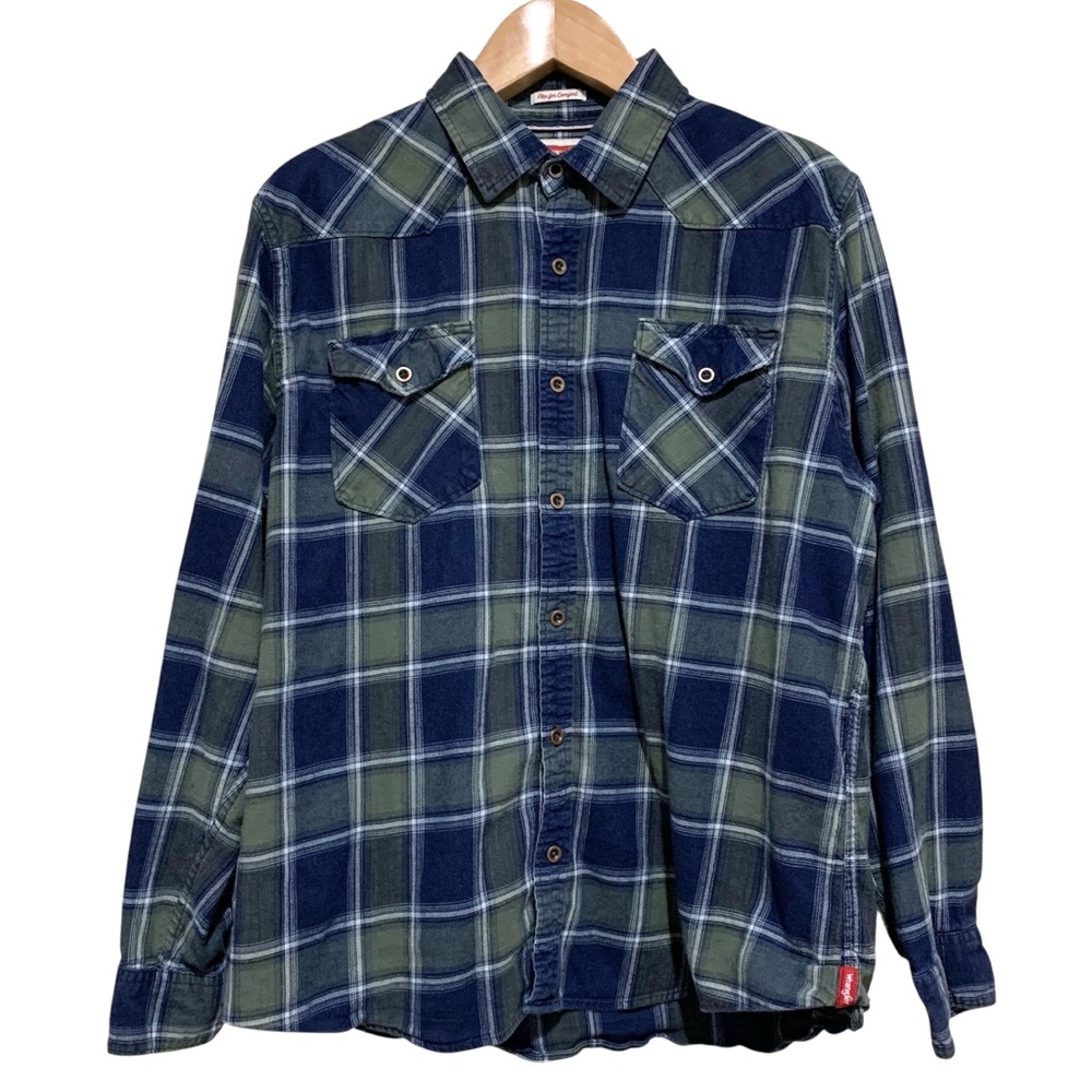 Wrangler Flex Comfort Navy Green Plaid Button Up Shirt Size XL Western Rugged